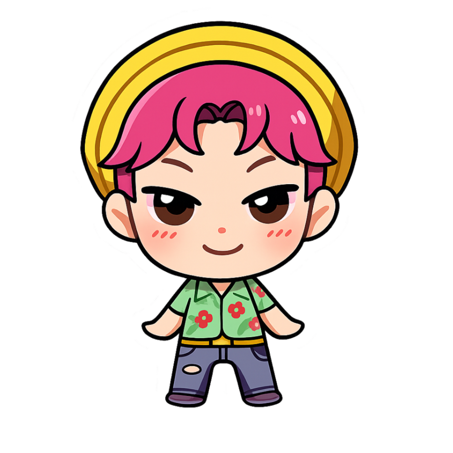 K-pop Stickers - Chibi Boy with Pink Hair & Yellow Hat
