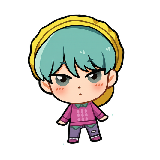 K-pop Stickers - Chibi Boy with Teal Hair & Yellow Hat