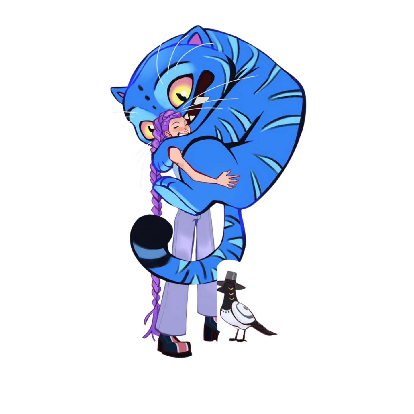 K-pop Stickers - Blue Cat Hugging Purple-Haired Girl
