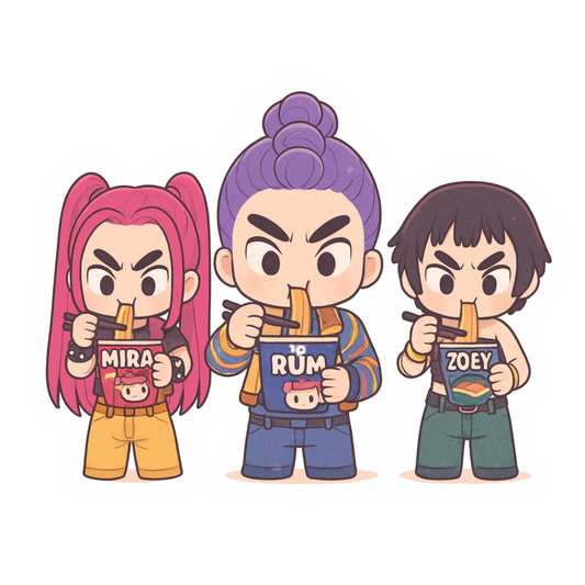 K-pop Stickers - Three chibi characters eating ramen with name labels.