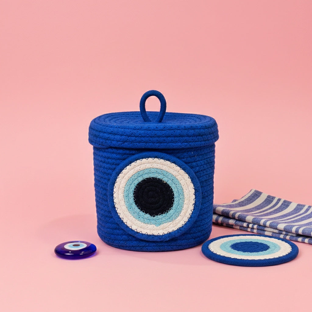 Multi-Purpose Evil Eye Jute Basket with Lid Storage Organiser Box (Pack of 1) Blue