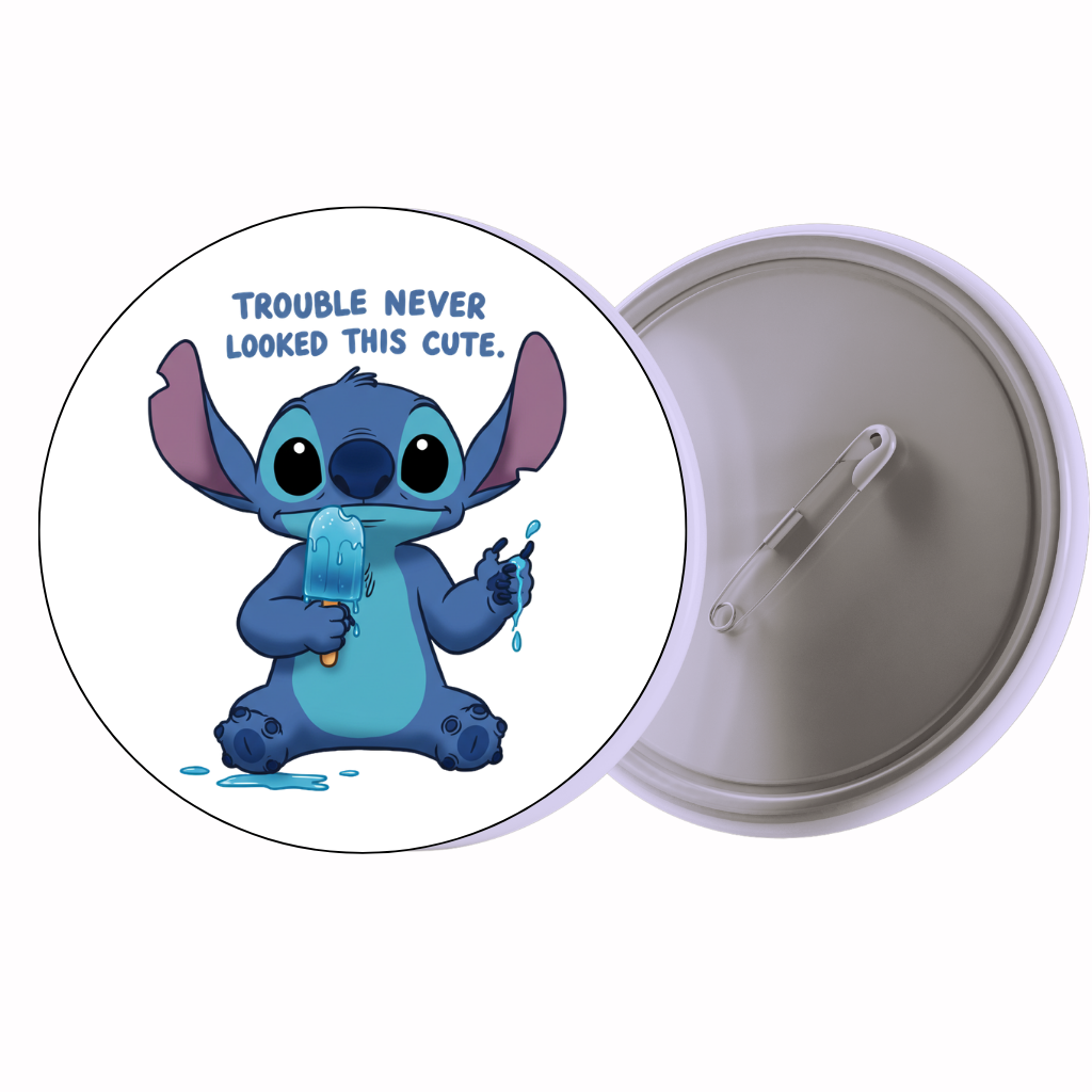 Blue Alien Quote 'Trouble Never Looked This Cute' Cute Pin Badge | Cartoon Badge for Bags & Jackets (2 Sizes)