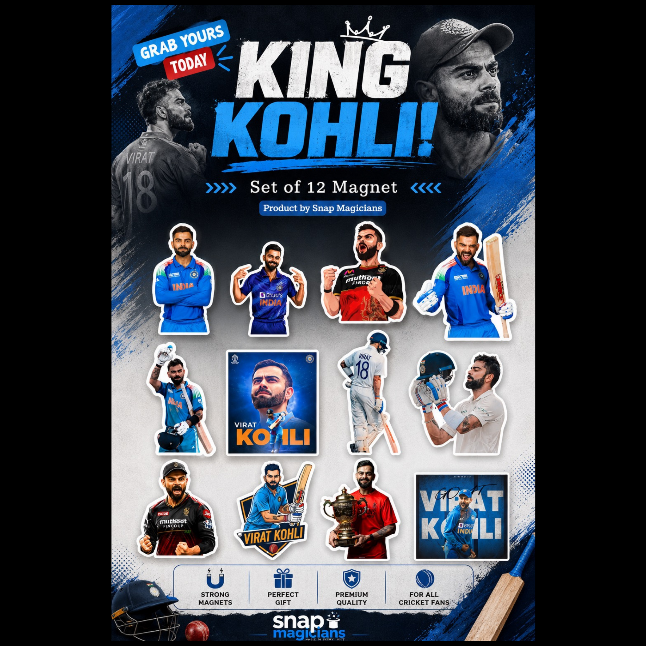Virat Kohli Flexible Magnet Set of 12 | Cricket Fan Gift