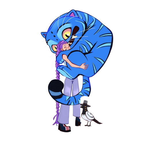 K-pop Stickers - Blue Cat Hugging Purple-Haired Girl