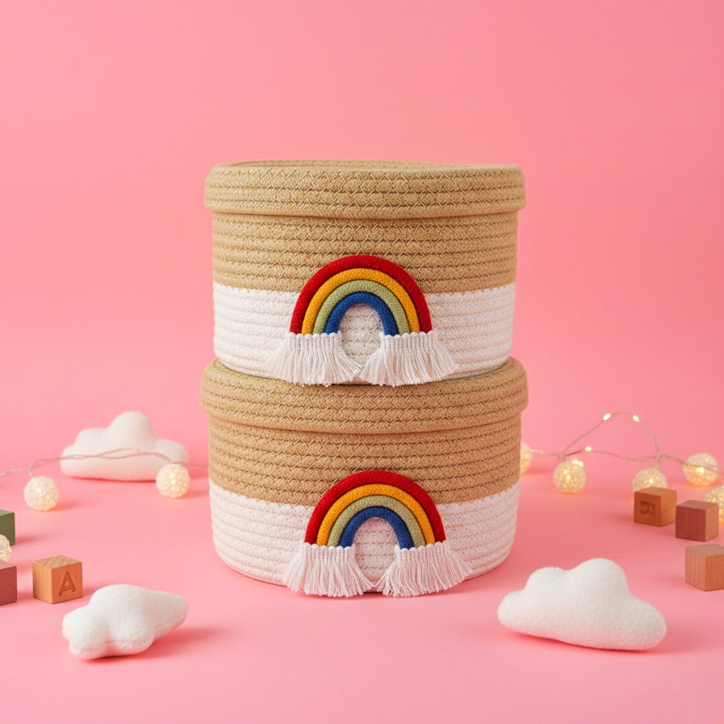 Multi-Purpose Rainbow Jute Basket with Lid Storage Organiser Box (Pack of 2) 25x20cm Beige