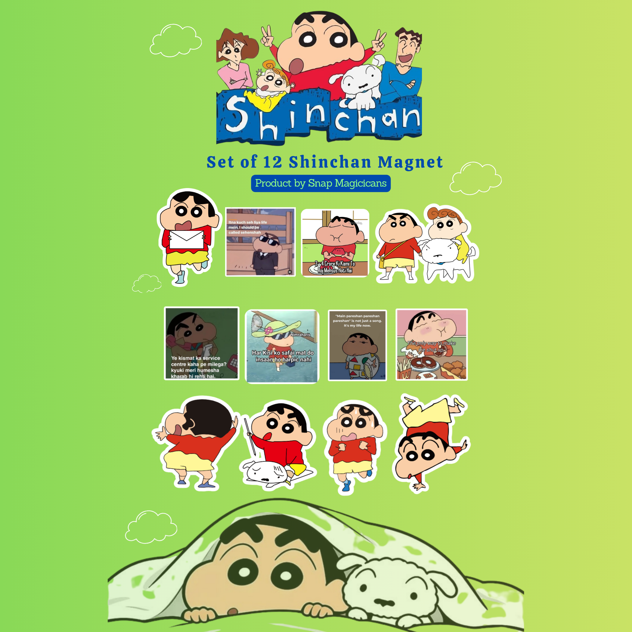 Shinchan Flexible Magnet Set of 12 | Cartoon Collectible Gift