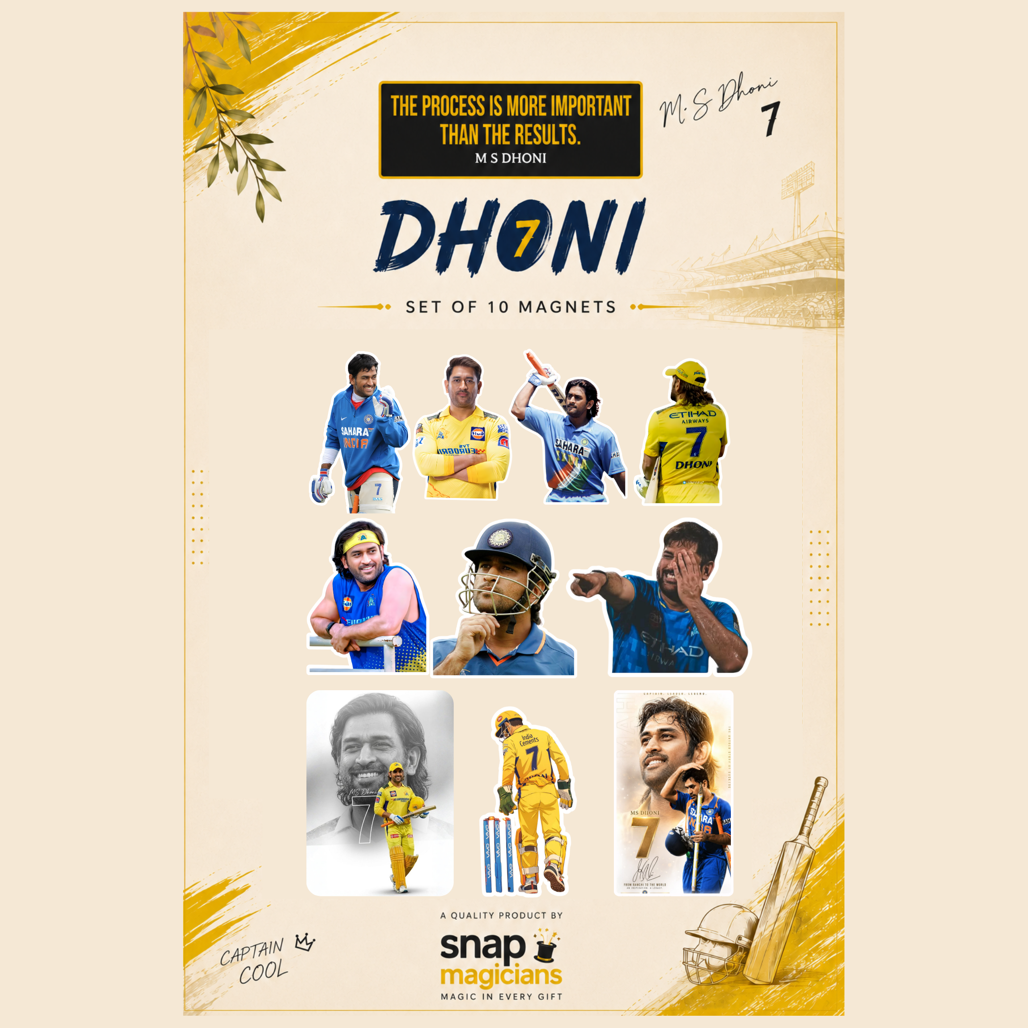 MS Dhoni Flexible Magnet Set of 10 | Cricket Fan Gift
