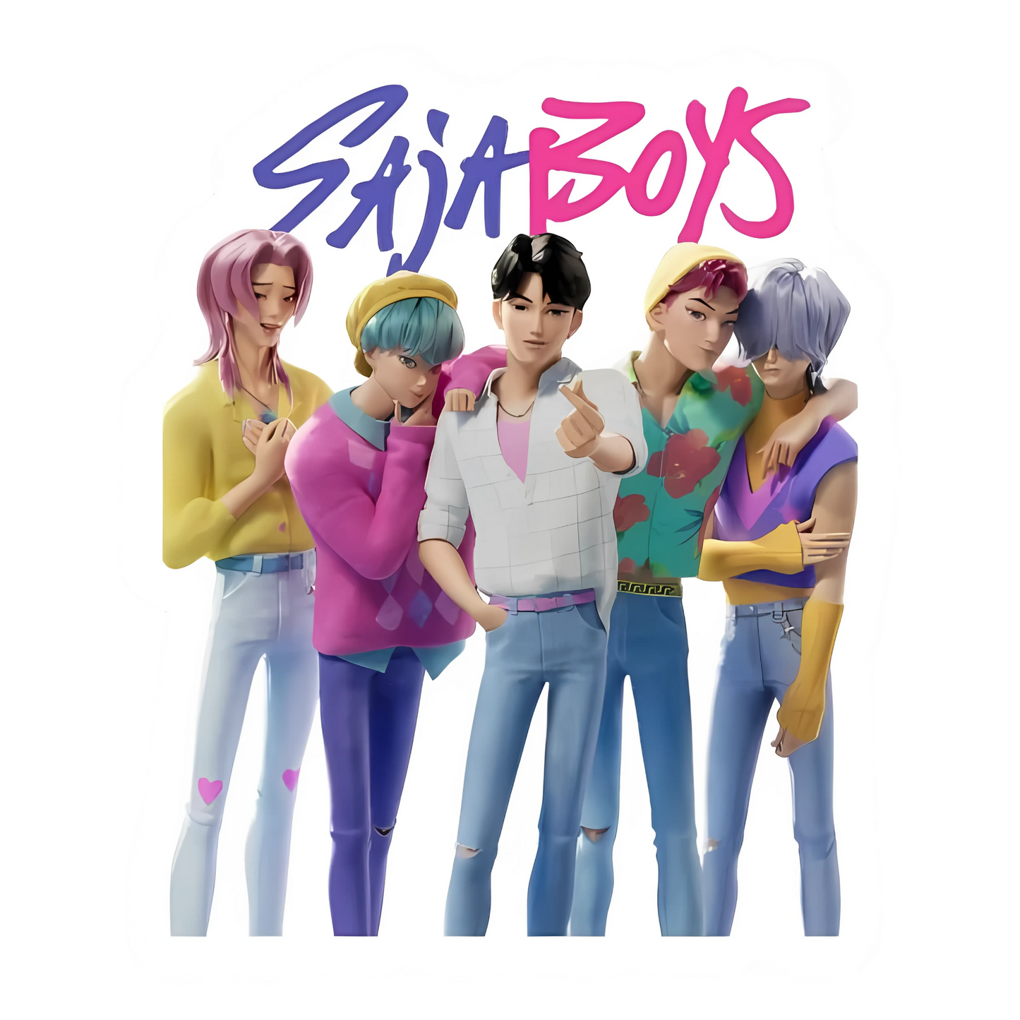 K-pop Stickers - Group of five boys standing together under “Saja Boys” logo.
