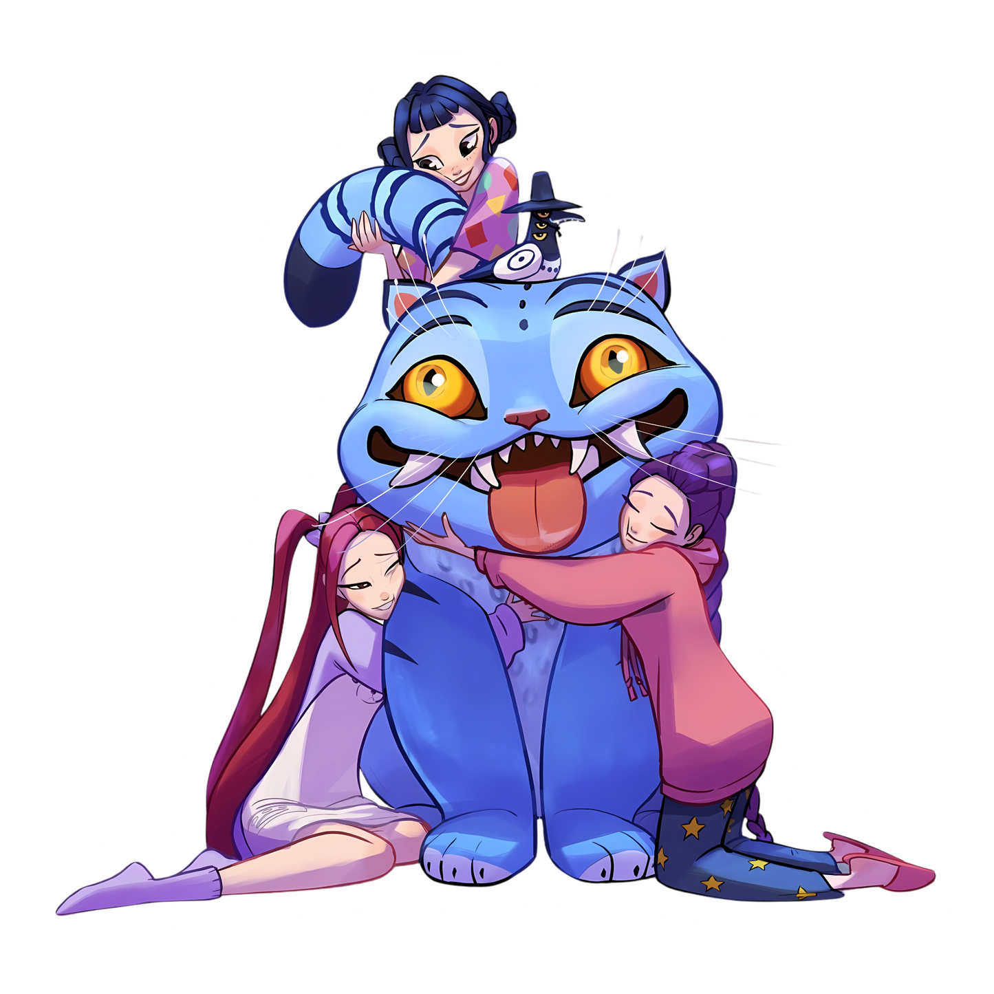 K-pop Stickers - The large blue cat being hugged by three girls.