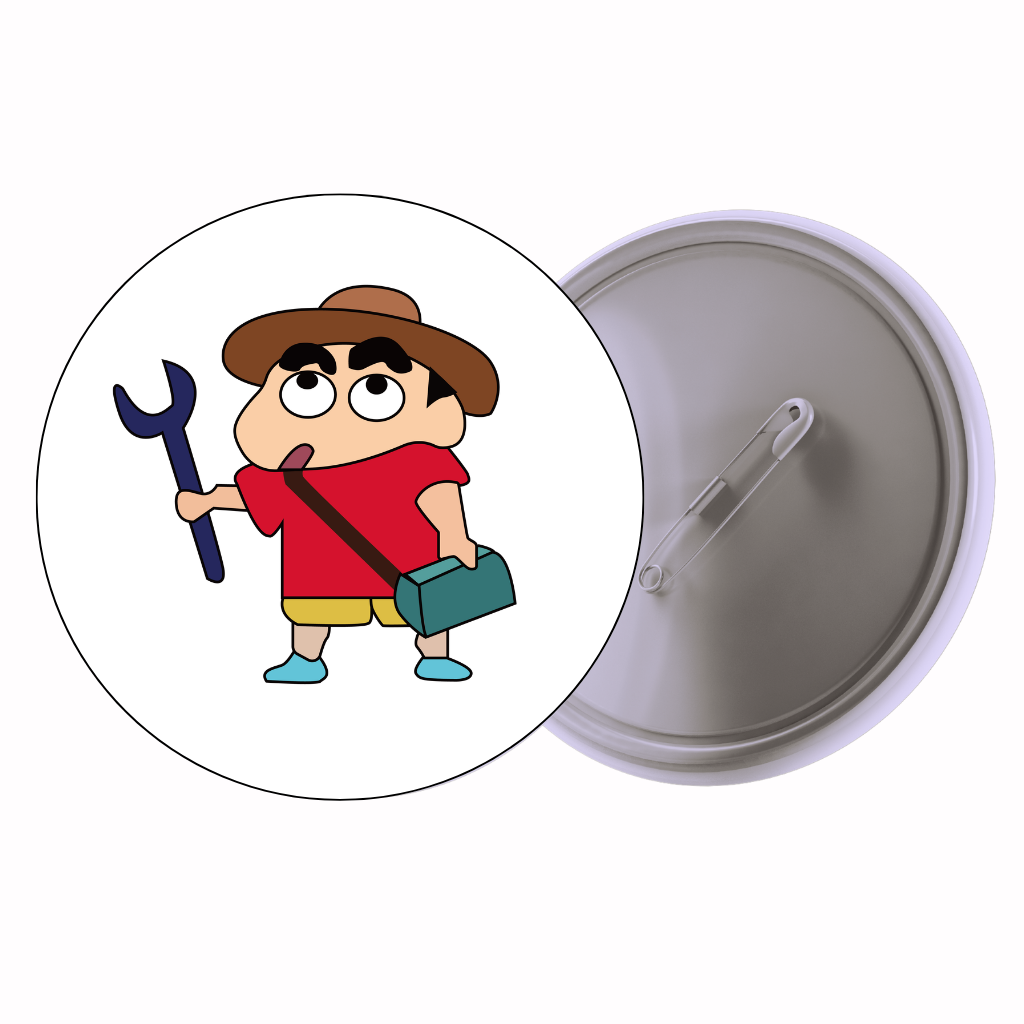 Mischief Kid With Tools Cute Pin Badge | Cartoon Badge for Bags & Jackets (2 Sizes)