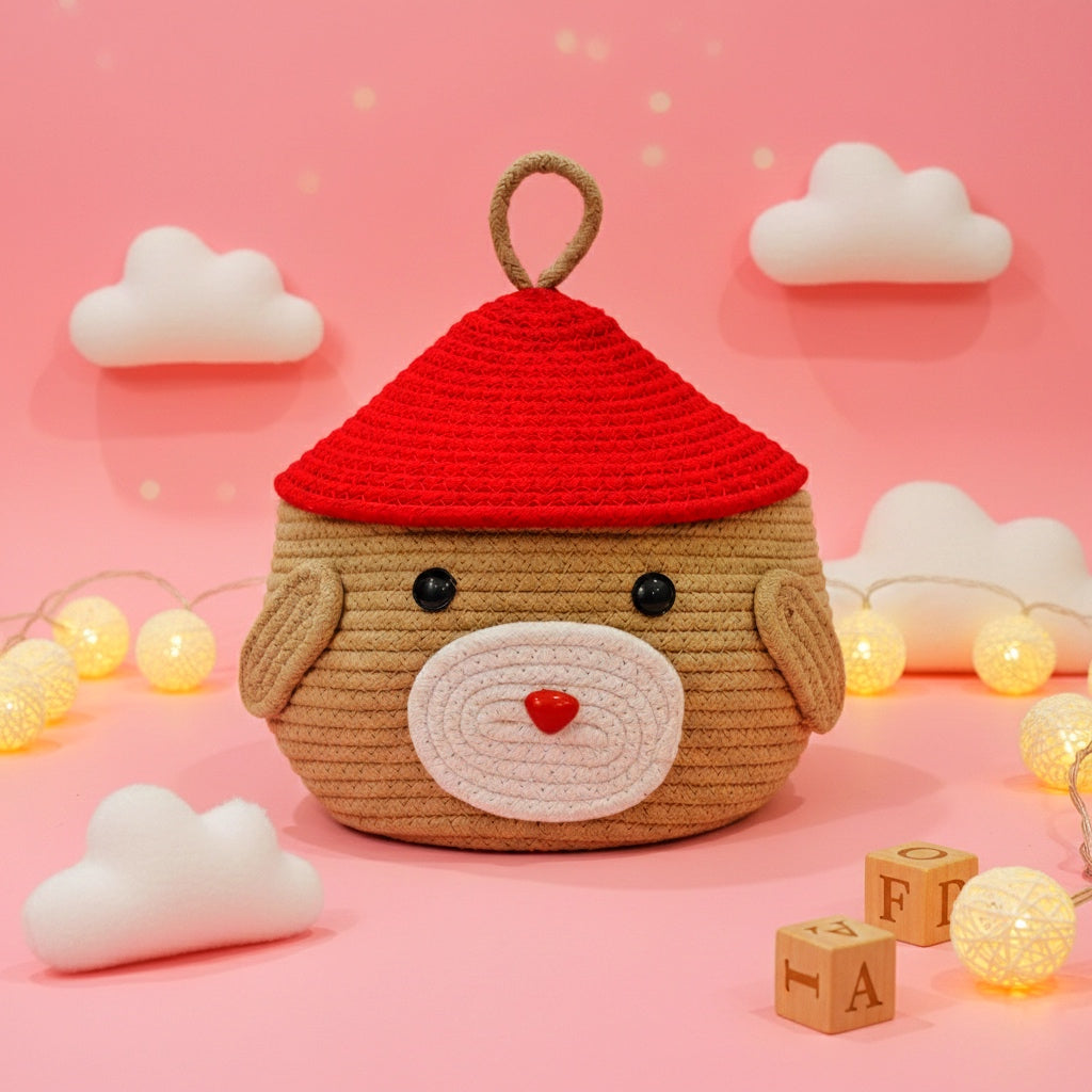 Multi-Purpose Cute Dog Face Jute Basket with Lid Storage Organiser Box (Pack of 1) Beige & Red