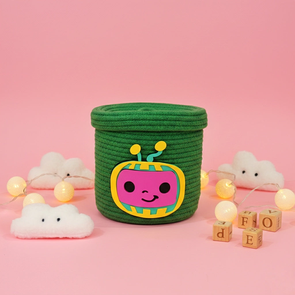 Multi-Purpose Cute TV Face Jute Basket with Lid Storage Organiser Box (Pack of 1) Green