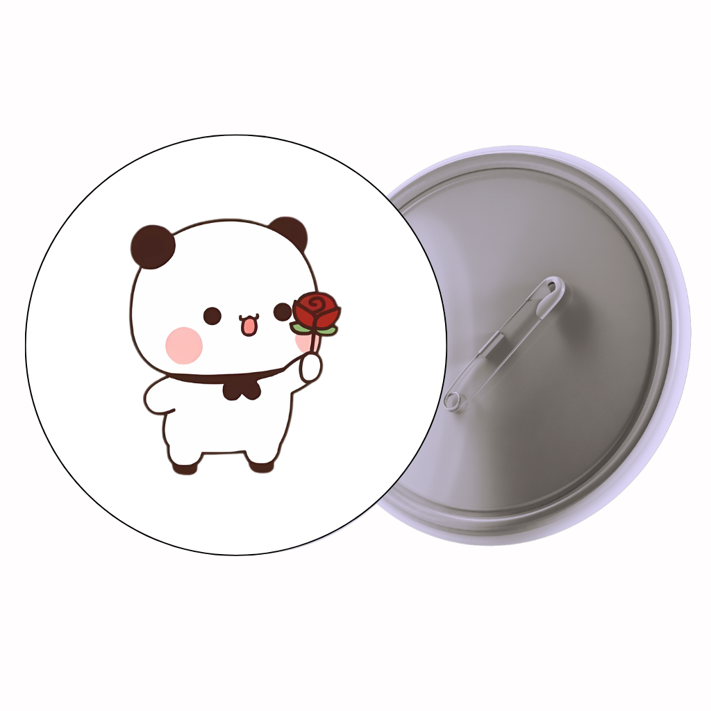 Panda With Rose Cute Pin Badge | Cartoon Badge for Bags & Jackets (2 Sizes)