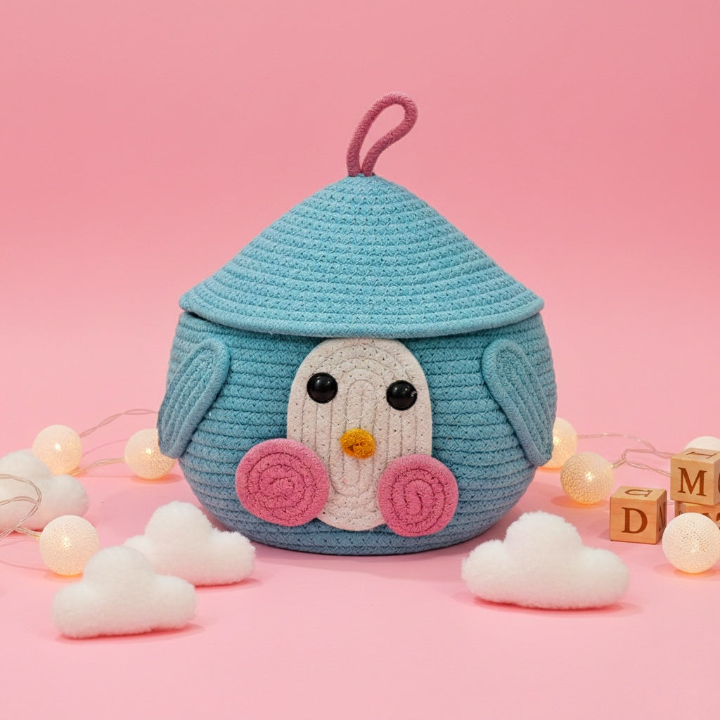 Multi-Purpose Cute Bird Jute Basket with Lid Storage Organiser Box (Pack of 1) Teal