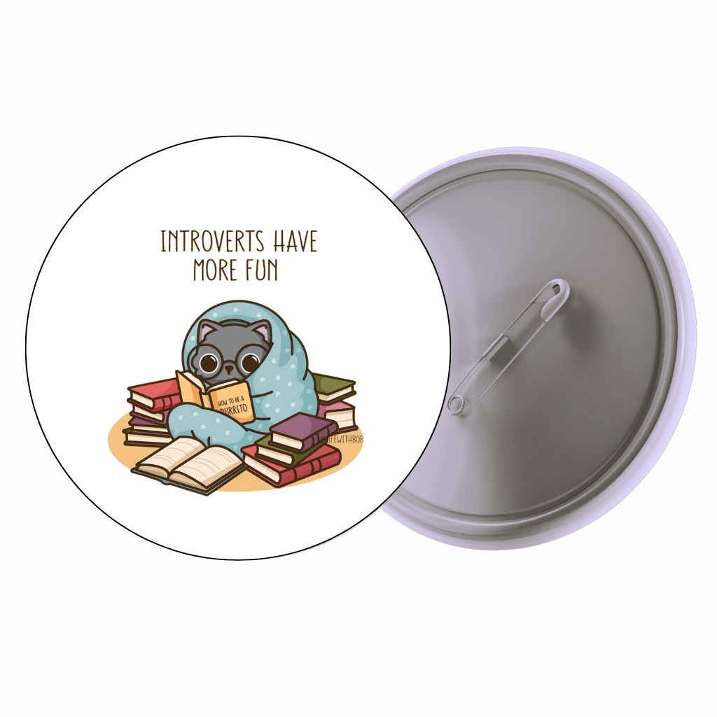 Owl Books Quote 'Introverts Have More Fun' Cute Pin Badge | Cartoon Badge for Bags & Jackets (2 Sizes)