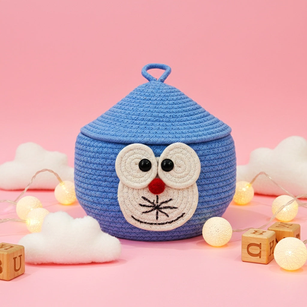 Multi-Purpose Doraemon Face Jute Basket with Lid Storage Organiser Box (Pack of 1) Blue