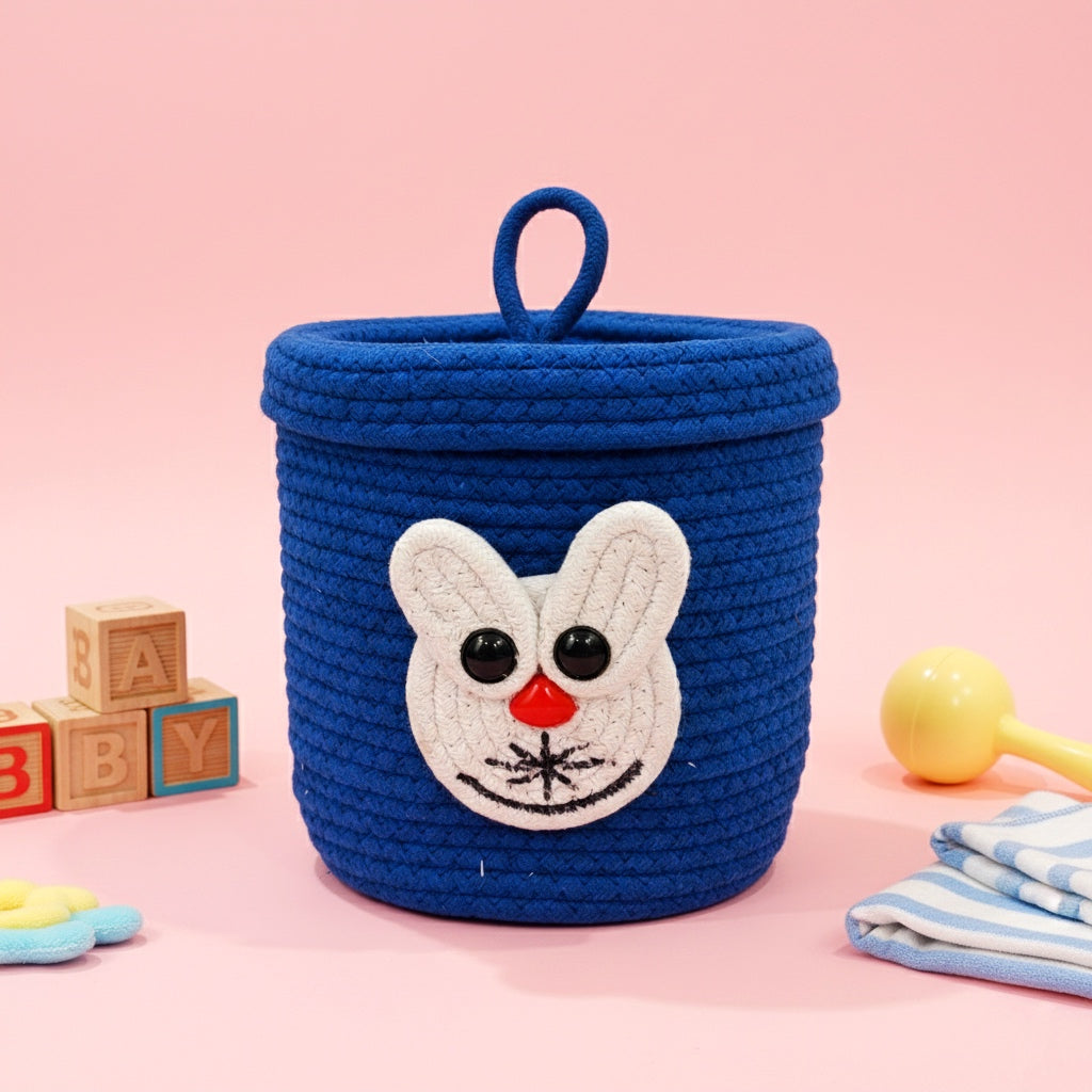 Multi-Purpose Cute Bunny Face Jute Basket with Lid Storage Organiser Box (Pack of 1) Blue