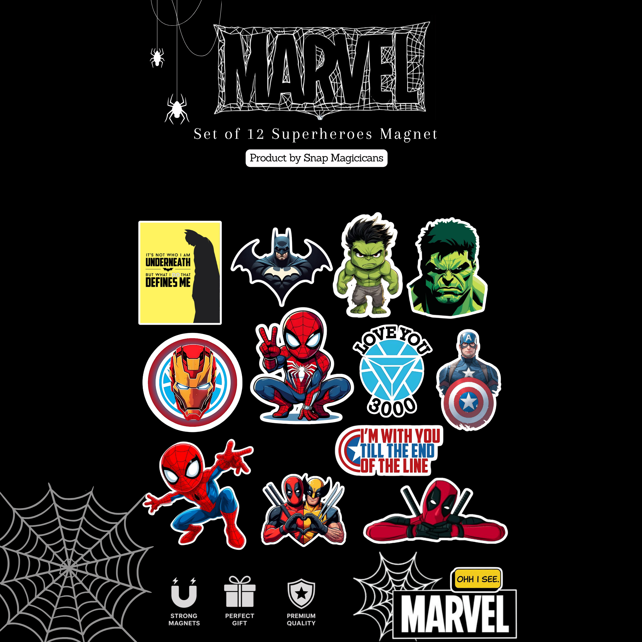 Super Heroes Set 1  Flexible Magnet Set of 12 | Superhero Collectible Gift