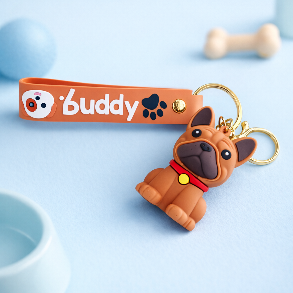 3D Rubber Keychain with Silicone Strap – Brown Buddy Dog Cute Bag Charm & Key Ring