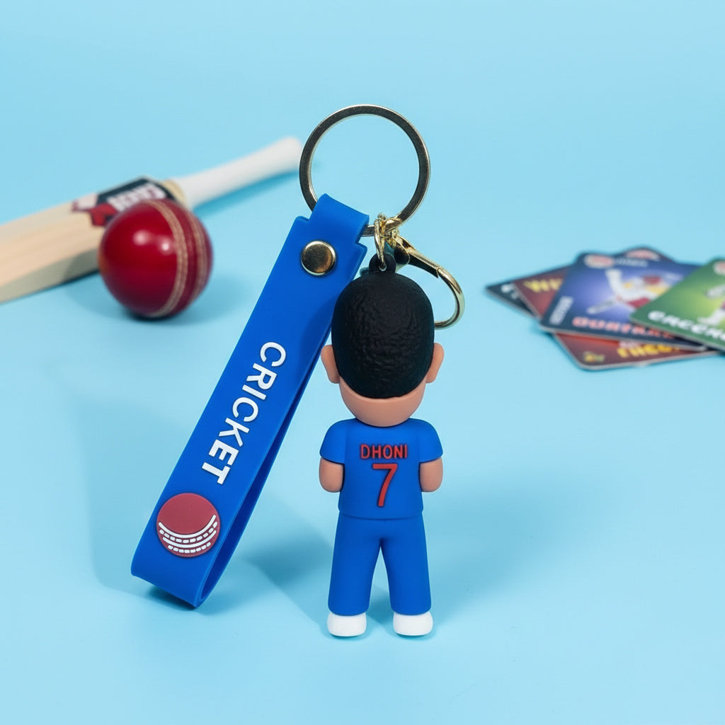 3D Rubber Keychain with Silicone Strap – MS Dhoni Cricket Buddy Cute Bag Charm & Key Ring