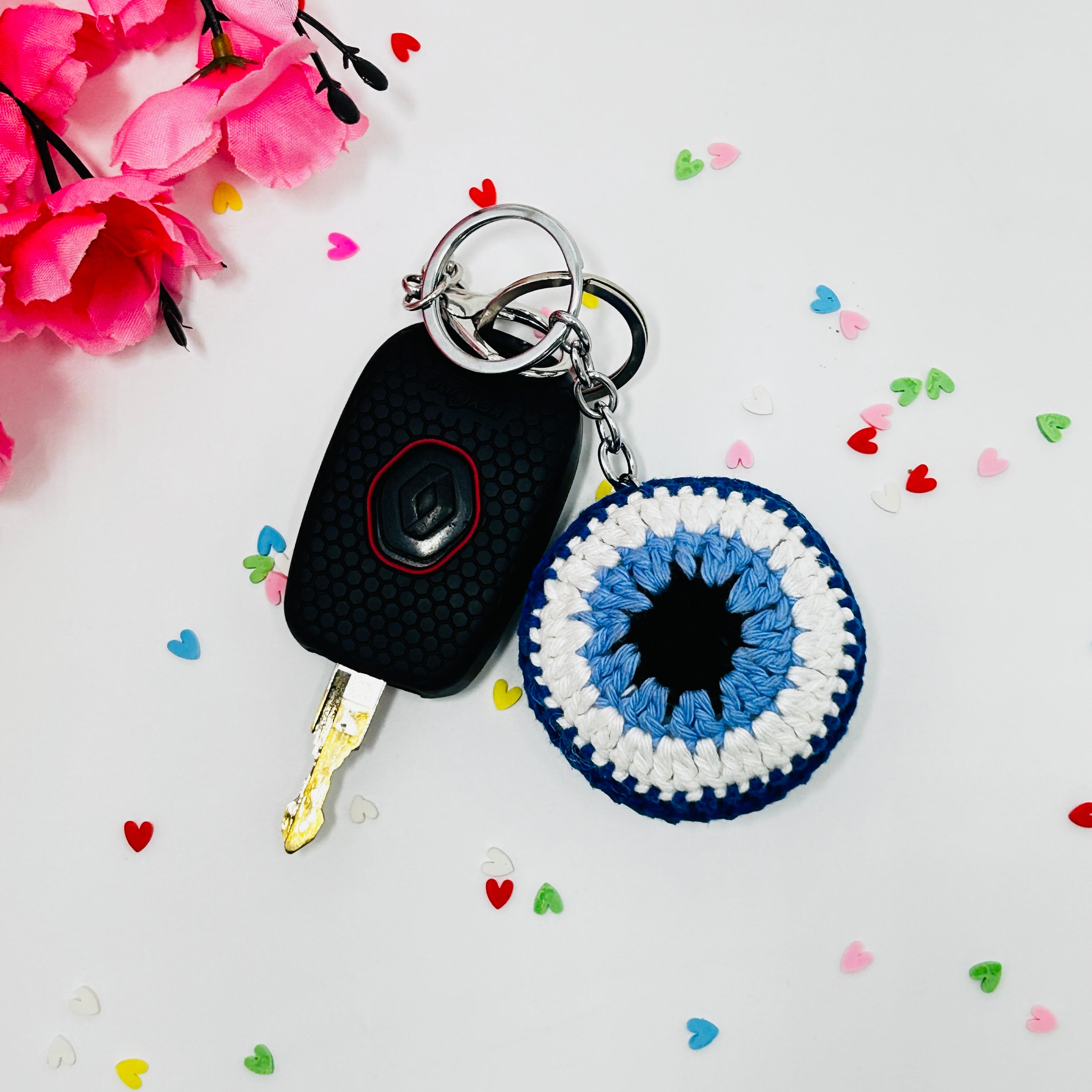 Handmade Crochet Evil Eye Keychain – Protective Nazar Charm & Aesthetic Bag Accessory